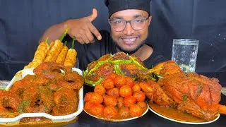 Thumbnail: SPICY FISH CURRY, EGG CURRY, FULL CHICKEN CURRY, CHICKEN KABAB AND BRINJAL FRY AND RICE EATING SHOW