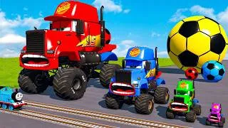 Thumbnail: 4 MONSTER TRUCKS vs Big & Small Long Mack Truck with Ball vs Train Thomas - BeamNG.Drive