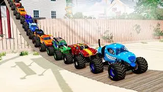 Thumbnail: 10 Monster Trucks vs. Suspension bridge & Impossible Obstacles - BeamNG Monster Truck Crashes