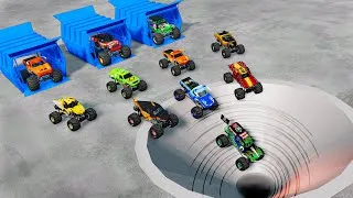 Thumbnail: Monster Trucks vs Giant Hole | Grave Digger vs Megalodon | BeamNG Monster Truck Crashes