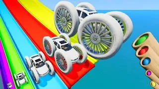 Thumbnail: Small to Giant Wheels Cars vs Slide Color w Portal Trap & Rails and Train - BeamNG #107