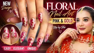 Thumbnail: 🌸 Viral Pink & Gold Floral Nail Art ✨ | Easy Step-by-Step Nail Design Tutorial