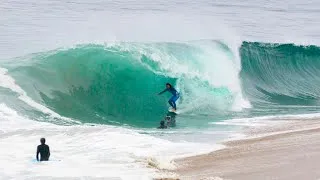 Thumbnail: Surfers charge HEAVY Shorebreak onto DRY sand !!!