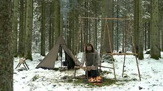 Thumbnail: Solo winter bushcraft trip - canvas tent, wood stove, saw horse, cooking tripod, homemade axe etc.
