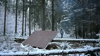 Thumbnail: Solo bushcraft trip - snow, canvas tarp, steak, reindeer skin, spruce bed, homemade axe and knife