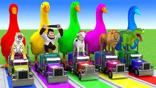 Thumbnail: 5 Giant Duck Cartoon,Cow,Elephant,Tiger,Dinosaur,Paint Wild Animals Crossing Fountain Animation #106