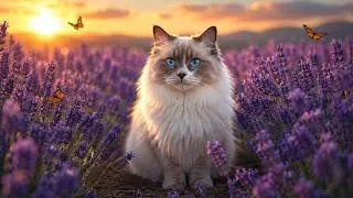 Thumbnail: Cat TV 4K 🐱 A Ragdoll Cat’s Magical Sunset in the Lavender Field 🌺 6 Hours