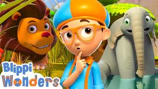 Thumbnail: Lions vs Elephants 🦁 Which Is Blippi's Favorite Wildlife? 🐘 Blippi Cartoon Videos for Kids