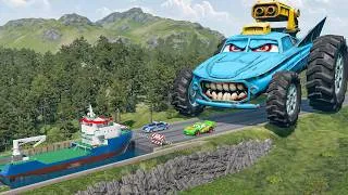 Thumbnail: Giant MACK TRUCK VS Cars Lightning McQueen & Police Car & Giant Boat Downhill Race - Beamng.Drive