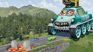Thumbnail: Giant MACK TRUCK Eater VS Cars Lightning McQueen & Police Car & Giant Saw Downhill Race|Beamng.Drive