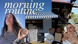 Thumbnail: slow morning routine✨🍵🧘🏽‍♀️ skincare routine, reading updates, coffee walks & more