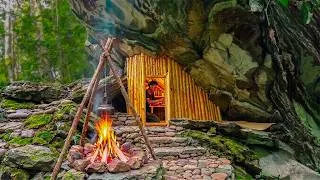 Thumbnail: Build a Cozy Wooden Shelter Under a Large Rock on the Mountain. Natural Food, Jungle Survival Skills