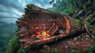 Thumbnail: Build Shelters inside Hollowed-out, Fallen Tree Trunk in the Forest, Natural Food | Solo Bushcraft.
