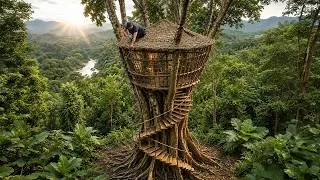 Thumbnail: I built a Survival Shelter On An Old Tree Trunk Using Vines and a Cooking Stove. Off-Grid Life