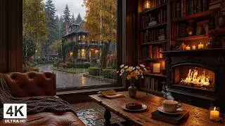 Thumbnail: Warm Fireplace Café Ambience ☕🌧️ Gentle Jazz Piano with Autumn Rain for Study and Rest