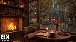 Thumbnail: Calm July Coffee Shop Rain ☕ Gentle Piano Jazz with Cozy Fireplace Ambience for Focus Relaxation