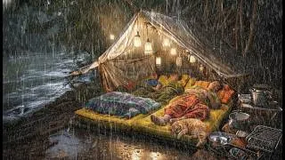 Thumbnail: CAMPING DURING HEAVY RAIN AND THUNDER // Struggling building a bamboo shelter with a cat.