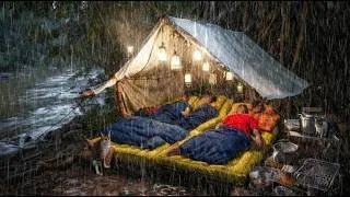 Thumbnail: camping heavy rain survival // delicious food, sleeping in the forest with cats.