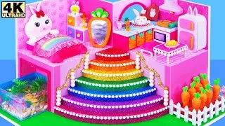 Thumbnail: How To Make Pink Bunny House with Bunk Bed, Rainbow Stairs from Cardboard ❤️ DIY Miniature House