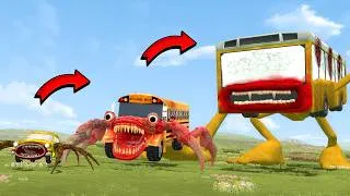 Thumbnail: Car Eater vs. School Bus transforms into a giant monster to battle Shin Bus Eater in GMOD.