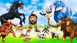 Thumbnail: 5 Giant Mammoth Elephant Cow vs Giant Venom Horse vs 5 Giant Lion Tiger Cub Saved By Wolly Mammoth