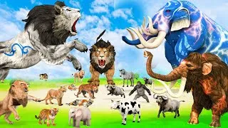 Thumbnail: 5 Giant Mammoth Elephant Cow Vs Giant Indian Lion Vs 5 Giant Lion Tiger Cub Saved By Woolly Mammoth