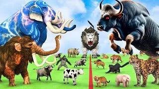 Thumbnail: 5 Giant Mammoth Elephant Cow Vs Giant Indian Bison Vs 5 Giant Lion Tiger Cub Saved By Woolly Mammoth