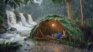 Thumbnail: CAMPING DURING IN HEAVY RAIN‼️STRUGGLING TO BUILD A WARM BAMBOO SHELTER WITH CAT