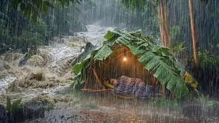 Thumbnail: CAMPING IN POURING HEAVY RAIN‼️STRUGGLING TO BUILD A WARM BAMBOO SHELTER IN THE MIDDLE OF A STORM