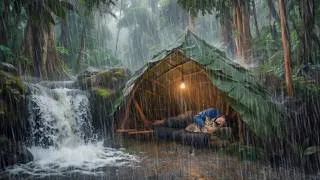 Thumbnail: CAMPING IN DURING THUNDERSTORM‼️STRUGGLING TO BUILD A WARM BAMBOO SHELTER WITH CAT