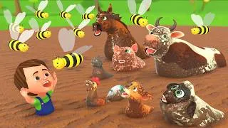 Thumbnail: Baby Animals Playing in Mud to Escape Bees 🐝 | Funny Animal Bath Time | Farm Animals Sounds & Names