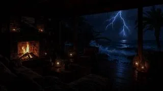 Thumbnail: Fall Asleep Instantly😴Heavy Rain & Thunderstorm by the Seaside with Fireplace Sounds for Deep Sleep