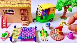 Thumbnail: DIY How to make polymer clay miniature House, Auto Rickshaw, Kitchen set,Hand pump,Tree,Charpai,Ep 2