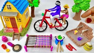 Thumbnail: DIY How to make polymer clay miniature House, Kitchen set, Milkman on Cycle, Hand pump | village 