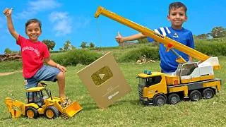 Thumbnail: 1 Million Subscribers Celebration! 🏆 Gold Play Button Unboxing & Playing with JCB Toys 🚜