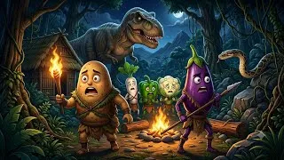 Thumbnail: आलू और बैंगन का खतरनाक जंगल 😱🦖 | Dinosaur और अजगर ने मचाया आतंक! | Veg Story