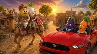 Thumbnail: आलू-मूली ऊँट पर पहुँचे ससुराल 😱 | बैंगन-गाजर Mustang में आए | Raksha Bandhan Story | Hindi Cartoon