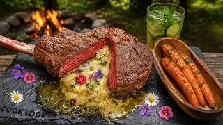 Thumbnail: Ultimate Bushcraft Feast: Flower-Infused Tomahawk Steak over Open Fire