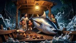 Thumbnail: Miniature Doll Family Catches Giant Tuna Fish on a Dark Sundarban Boat 🌊🐟 | Tiny Deck Kitchen ASMR
