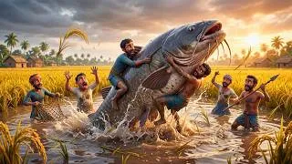 Thumbnail: 15KG Giant Fish Caught in Flooded Rice Field | Village Cooking ASMR
