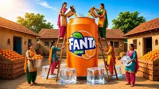 Thumbnail: 🍊🔥 Giant Fanta Challenge 😱 5 Sisters Make a 50-Foot Giant Fanta⚡💖 | Biggest Village Drink Recipe ❤️✨
