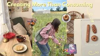 Thumbnail: Creating More Than I Consume 🧵┃flower picking, cosy baking & polymer clay magnets