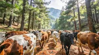 Thumbnail: Colorful cows stroll around the lush green forest - Cow mooing sounds - Cow videos
