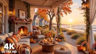 Thumbnail: Fall Seaside Retreat at Sunset 🍁 Soft Piano in Quiet Porch with Ocean Waves & Fireplace Sounds