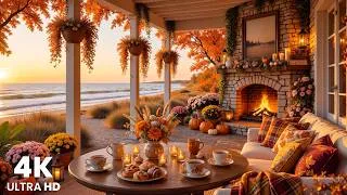 Thumbnail: Cozy Autumn Sunset Beach Ambience 🍂 Smooth Piano with Gentle Waves & Fireplace Sounds for Calm Focus