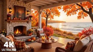 Thumbnail: Fall Sunset Porch by the Sea 🍁 Soothing Fall Piano Instrumentals, Cozy Fireplace & Waves Sounds