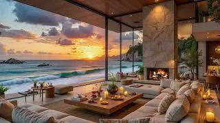 Thumbnail: Luxury Beachfront Sunset Jazz ☀️ Cozy Fireplace & Ocean Waves for Relaxing Evenings