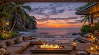 Thumbnail: Sunset Beach Cabin 🌅 Smooth Jazz by the Fireplace & Ocean Waves for Relaxation, Study  3 Hours