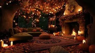 Thumbnail: Magical Pumpkin Night Ambience 🍁 Rainy Porch, Soft Jazz & Crackling Fire for Relaxation