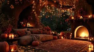 Thumbnail: Cozy Pumpkin Porch in the Rain 🎃 Soft Jazz & Fireplace Sounds for Instant Calm